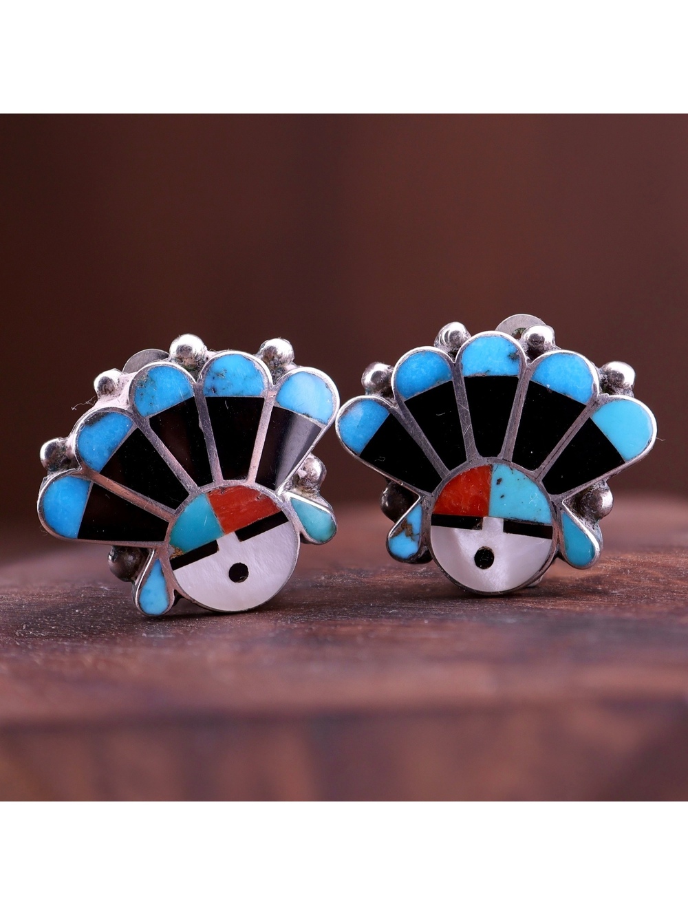 Vintage Zuni Sterling Silver Sunface Multi-Stone Mosaic Inlay Clip-On Earrings